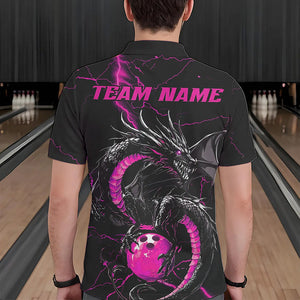 Black And Pink Custom Dragon Bowling Polo Shirts For Men, Dragon Bowling League Shirts IPHW8688