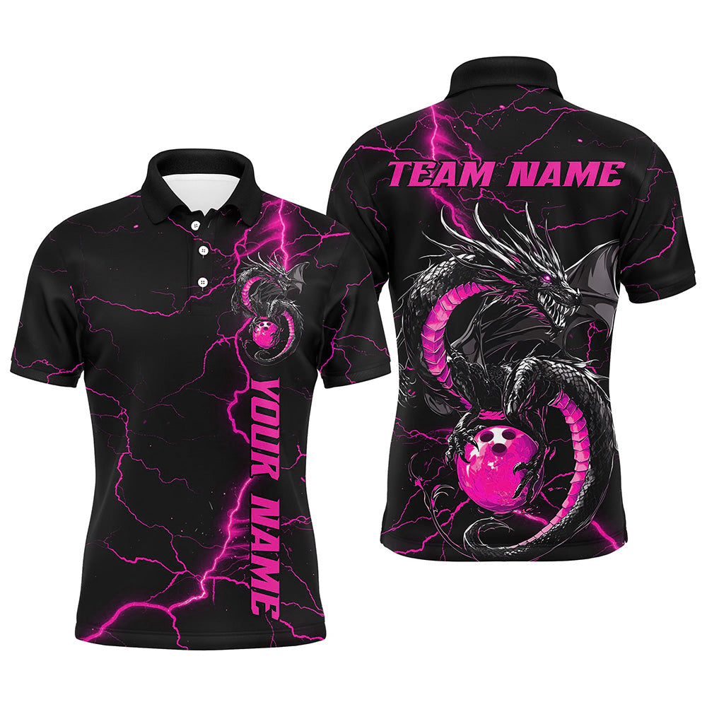 Black And Pink Custom Dragon Bowling Polo Shirts For Men, Dragon Bowling League Shirts IPHW8688