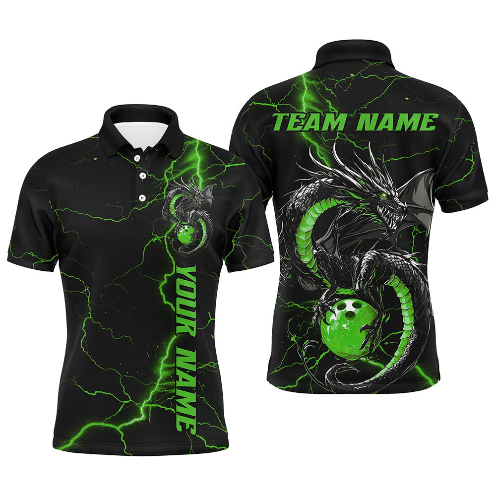 Black And Green Custom Dragon Bowling Polo Shirts For Men, Dragon Bowling League Shirts IPHW8689