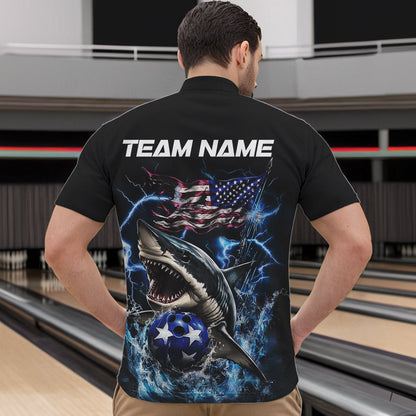 Custom Blue Lightning Patriotic Shark Bowling Team Men Quarter-Zip Shirts, US Flag Bowling Shirt IPHW8942