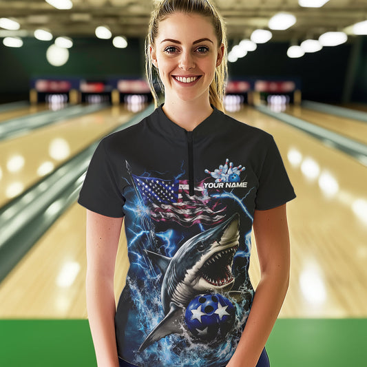 Custom Blue Lightning Patriotic Shark Bowling Team Women Quarter-Zip Shirt, US Flag Bowling IPHW8942