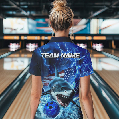 Custom Blue Lightning Patriotic Shark Bowling Team Women Polo Shirts, US Flag Bowling Shirt IPHW8943