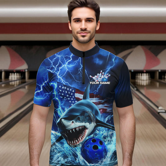 Custom Blue Lightning Patriotic Shark Bowling Team Men Quarter-Zip Shirts, US Flag Bowling Shirt IPHW8943