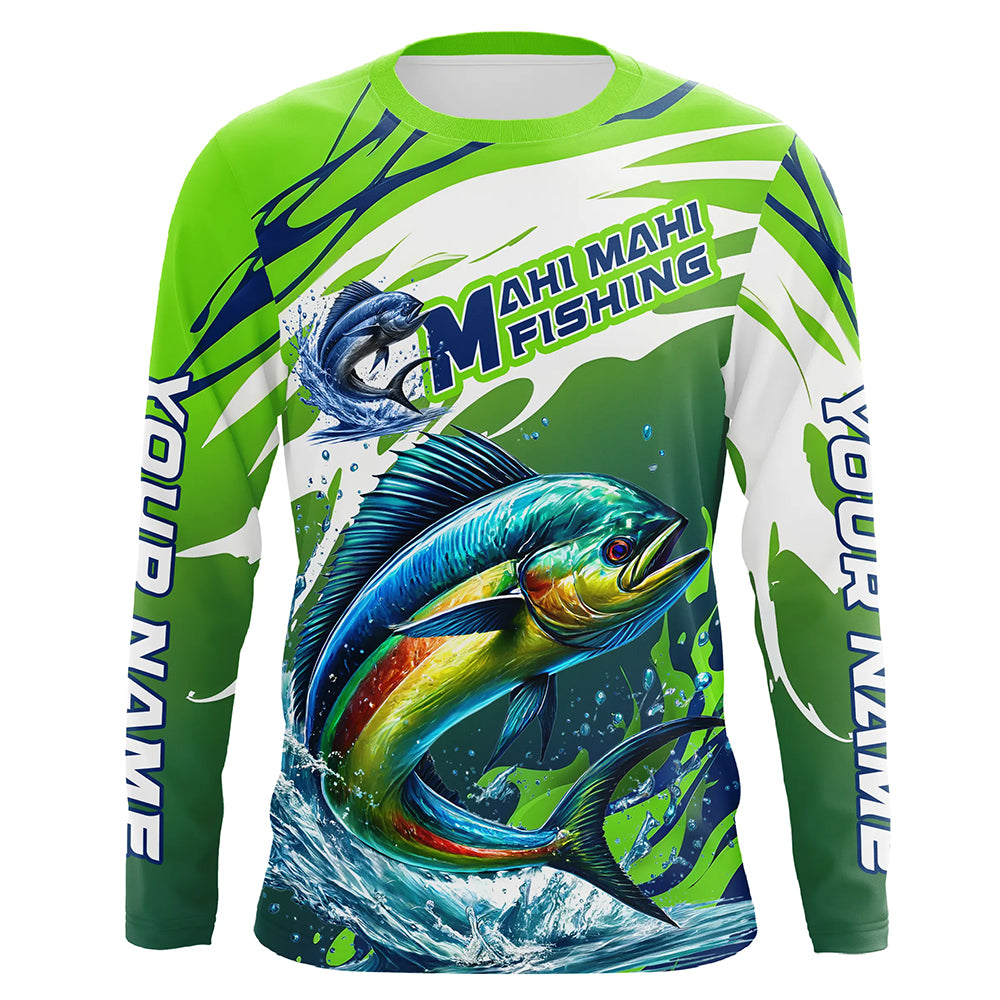 Custom Mahi Mahi Fishing Jersey, Mahimahi Long Sleeve Uv Protection Fishing Shirts | Green IPHW6869