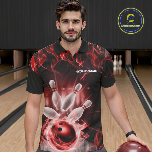 Custom Black And Red Flame Bowling Team Polo Shirts For Men, Fire Bowling League Shirt IPHW9388