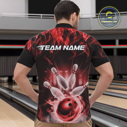 Custom Black And Red Flame Bowling Team Quarter-Zip Shirts For Men, Fire Bowling League Shirt IPHW9388