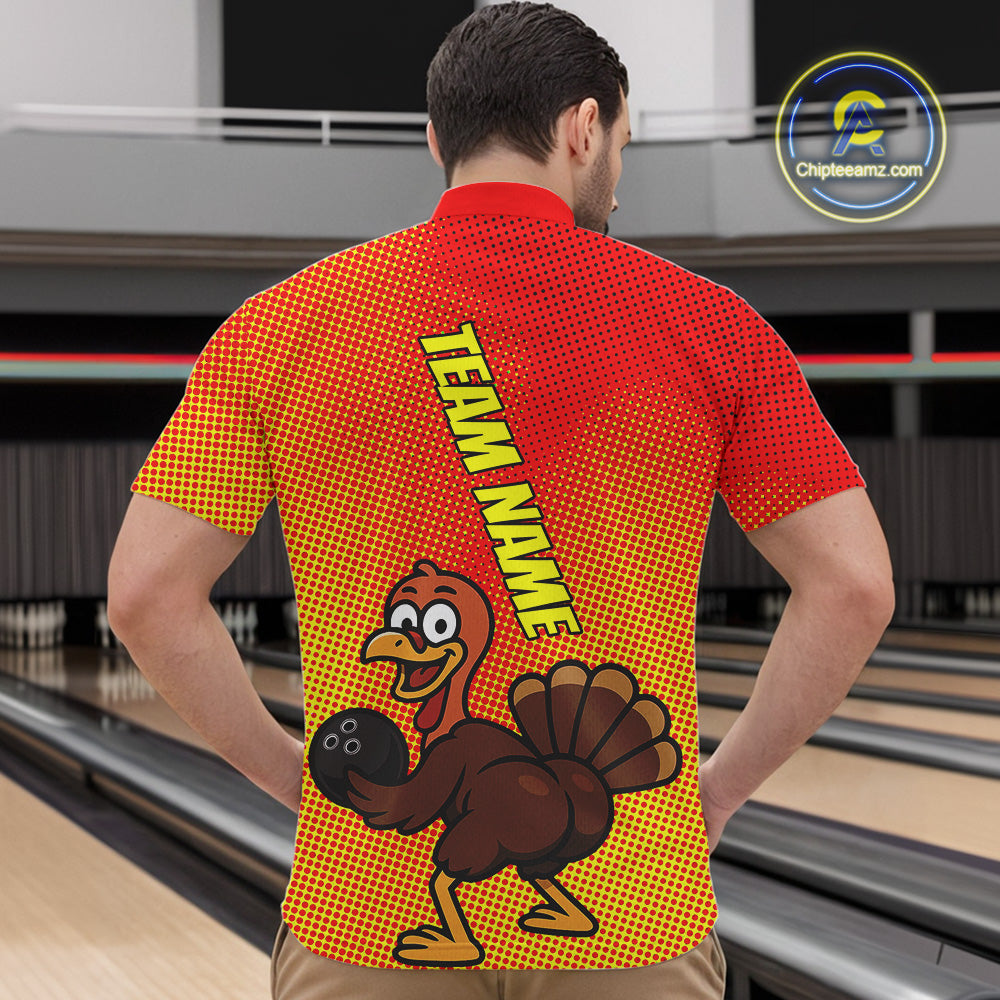 Custom Funny Twerky Turkey Bowling Quarter-Zip Shirts For Men, Thanksgiving Bowling Shirt IPHW9764