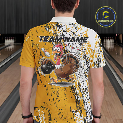 Custom Funny Yellow Thanksgiving Turkey Bowling Men Polo Shirts, Turkey Bowling Jerseys IPHW9766