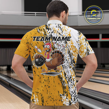 Custom Funny Yellow Thanksgiving Turkey Bowling Men Quarter-Zip Shirts, Turkey Bowling Jerseys IPHW9766