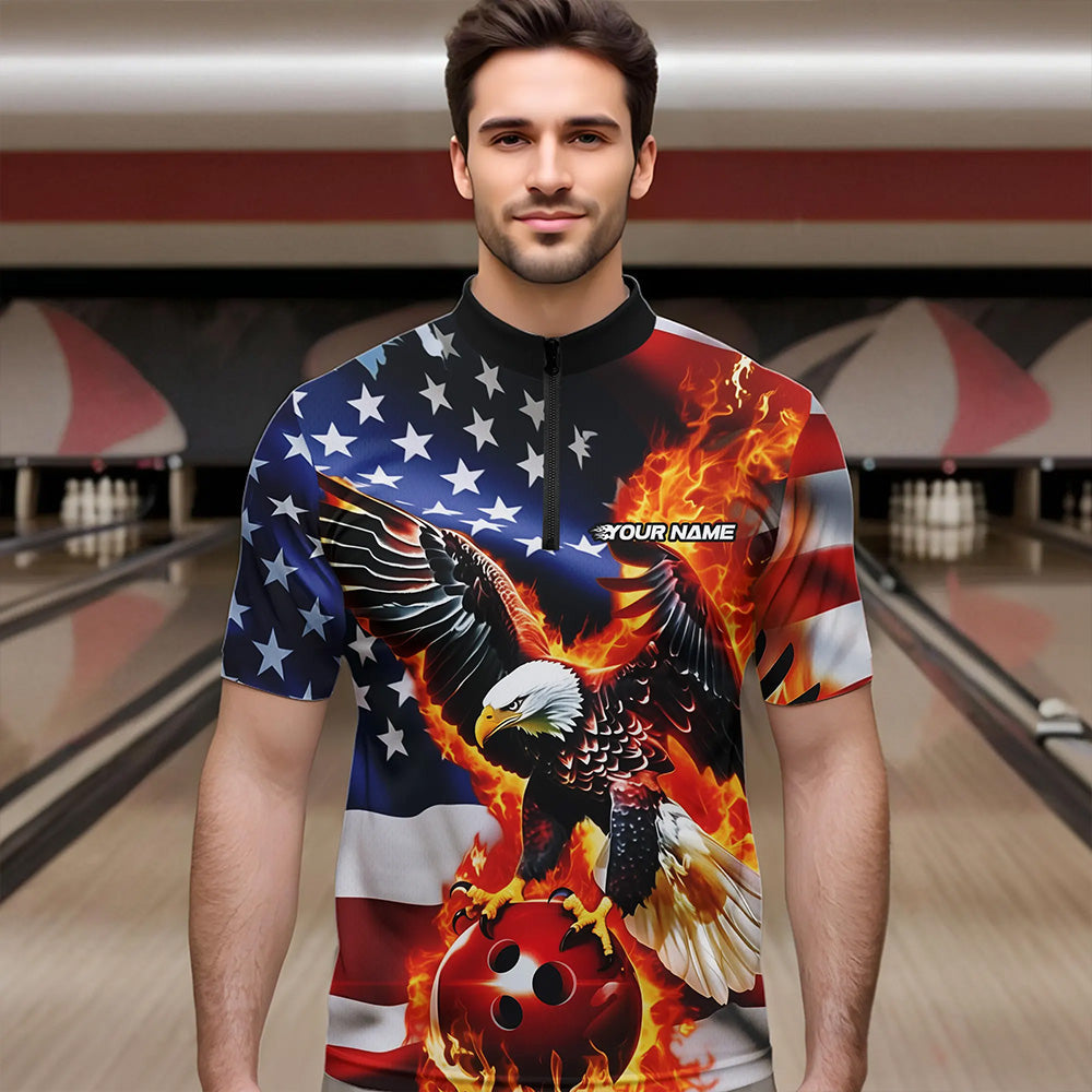 Custom USA Eagle Bowling Quarter-Zip Shirts For Men, Patriotic Bowling League Shirt IPHW8451