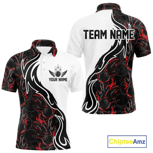 Custom Black And Red Flame Bowling Team Shirts, Bowling League Shirt Men Bowling Jersey IPHW10543