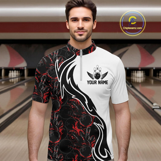 Custom Black And Red Flame Bowling Team Shirts, Bowling League Shirt Men Bowling Jersey IPHW10543