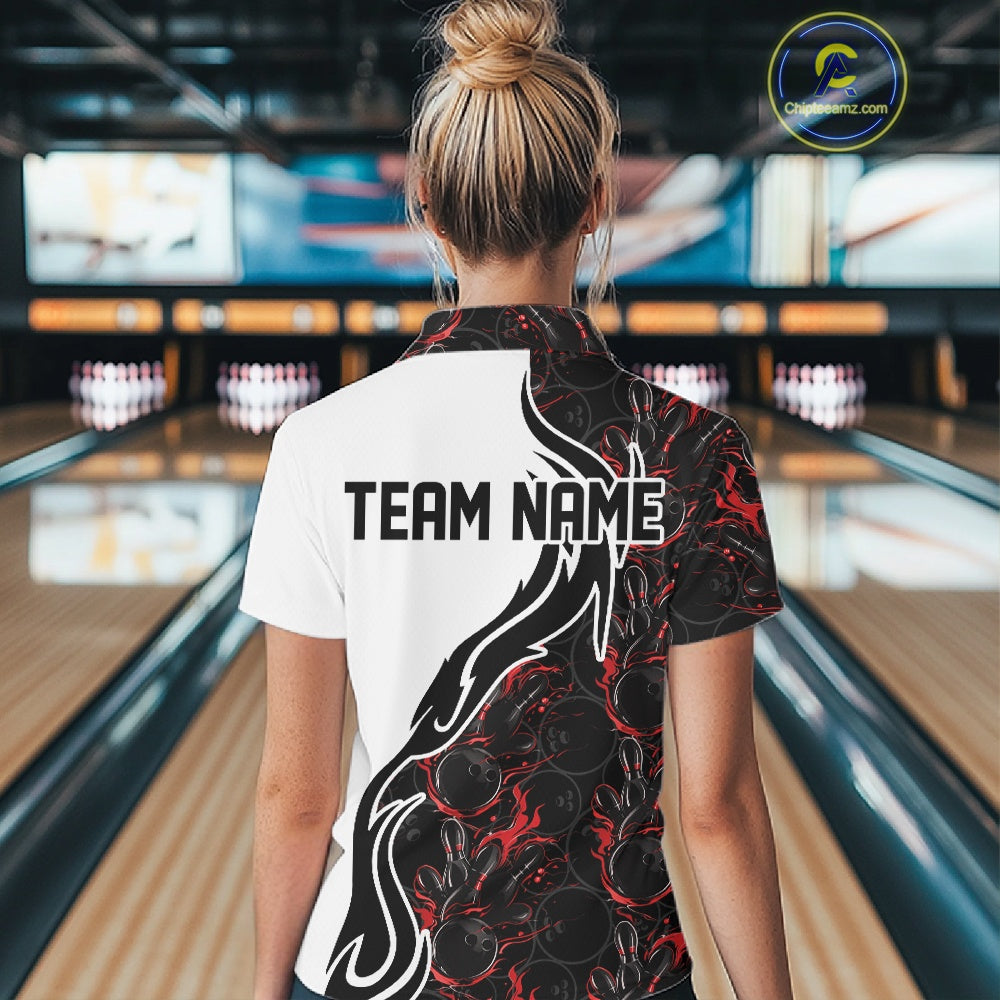 Custom Black And Red Flame Bowling Team Shirt, Bowling League Shirt Women Bowling Jersey IPHW10543