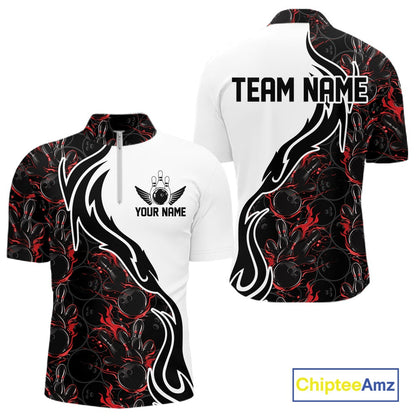 Custom Black And Red Flame Bowling Team Shirts, Bowling League Shirt Men Bowling Jersey IPHW10543