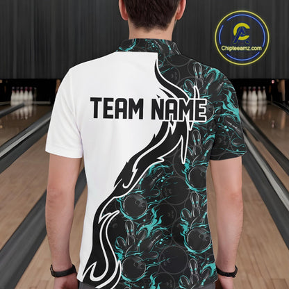 Custom Black And Turquoise Blue Flame Bowling Team Shirts, Men Bowling League Shirt IPHW10544