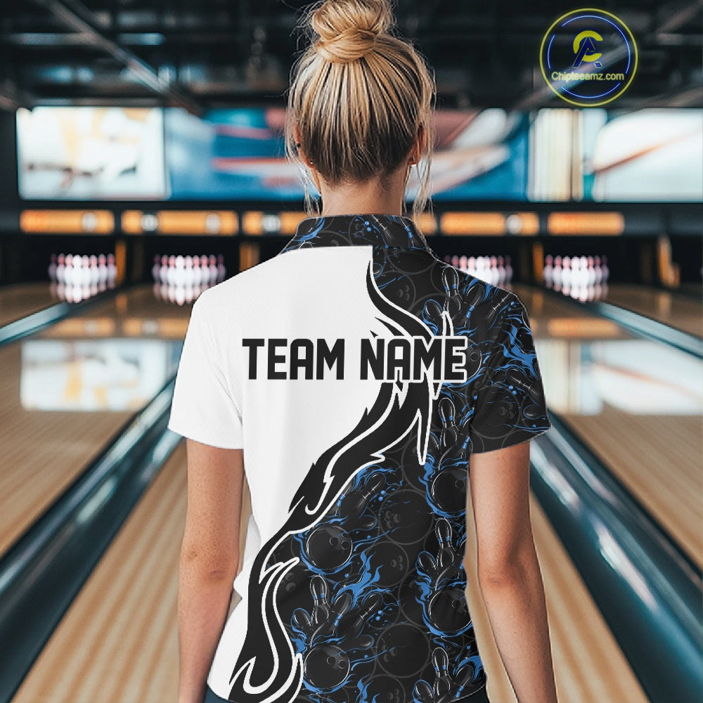 Custom Black And Blue Flame Bowling Team Shirts, Bowling League Shirt Women Bowling Jersey IPHW10545