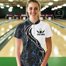 Load image into Gallery viewer, Custom Black And Blue Flame Bowling Team Shirts, Bowling League Shirt Women Jersey IPHW10545
