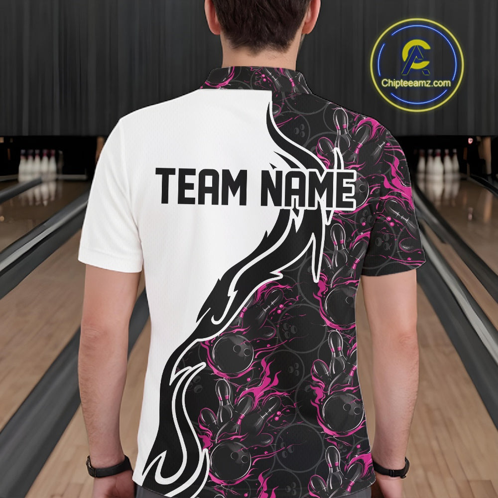 Custom Black And Pink Flame Bowling Team Shirts, Bowling League Shirt Men Bowling Jersey IPHW10546