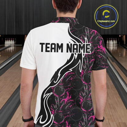 Custom Black And Pink Flame Bowling Team Shirts, Bowling League Shirt Men Bowling Jersey IPHW10546