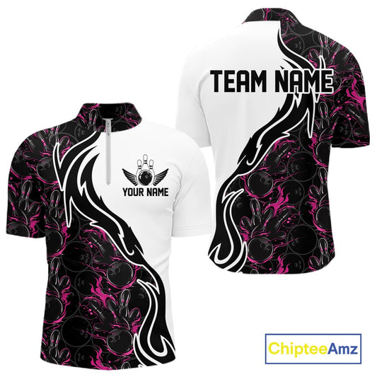 Custom Black And Pink Flame Bowling Team Shirts, Bowling League Shirt Men Bowling Jersey IPHW10546
