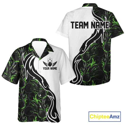 Custom Black And Green Flame Bowling Team Shirts, Bowling League Shirt Men And Women Bowling Jersey IPHW10547