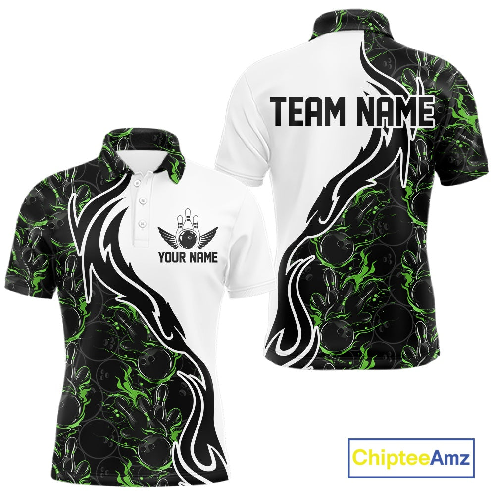 Custom Black And Green Flame Bowling Team Shirts, Bowling League Shirt Men Bowling Jersey IPHW10547
