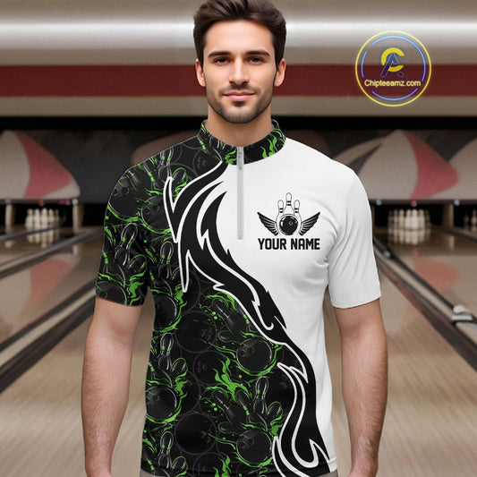 Custom Black And Green Flame Bowling Team Shirts, Bowling League Shirt Men Bowling Jersey IPHW10547