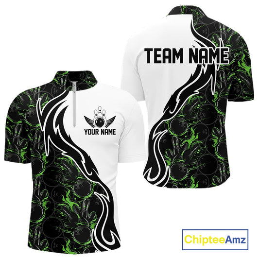 Custom Black And Green Flame Bowling Team Shirts, Bowling League Shirt Men Bowling Jersey IPHW10547