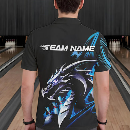 Custom Black And Blue Flame Dragon Bowling Polo Shirts For Men, Dragon Bowling League Shirt IPHW8702