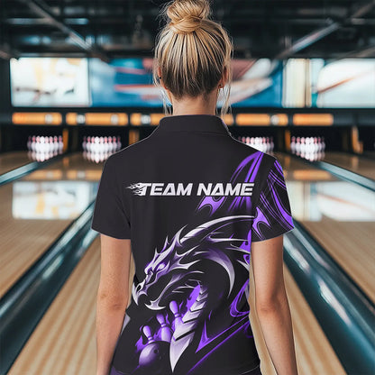 Custom Black And Purple Flame Dragon Bowling Womens Polo Shirt, Dragon Bowling League Shirt IPHW8704