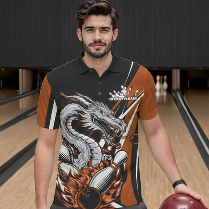 Custom Black And Orange Flame Dragon Bowling Jerseys, Dragon Men Bowling Team Polo Shirts IPHW8711