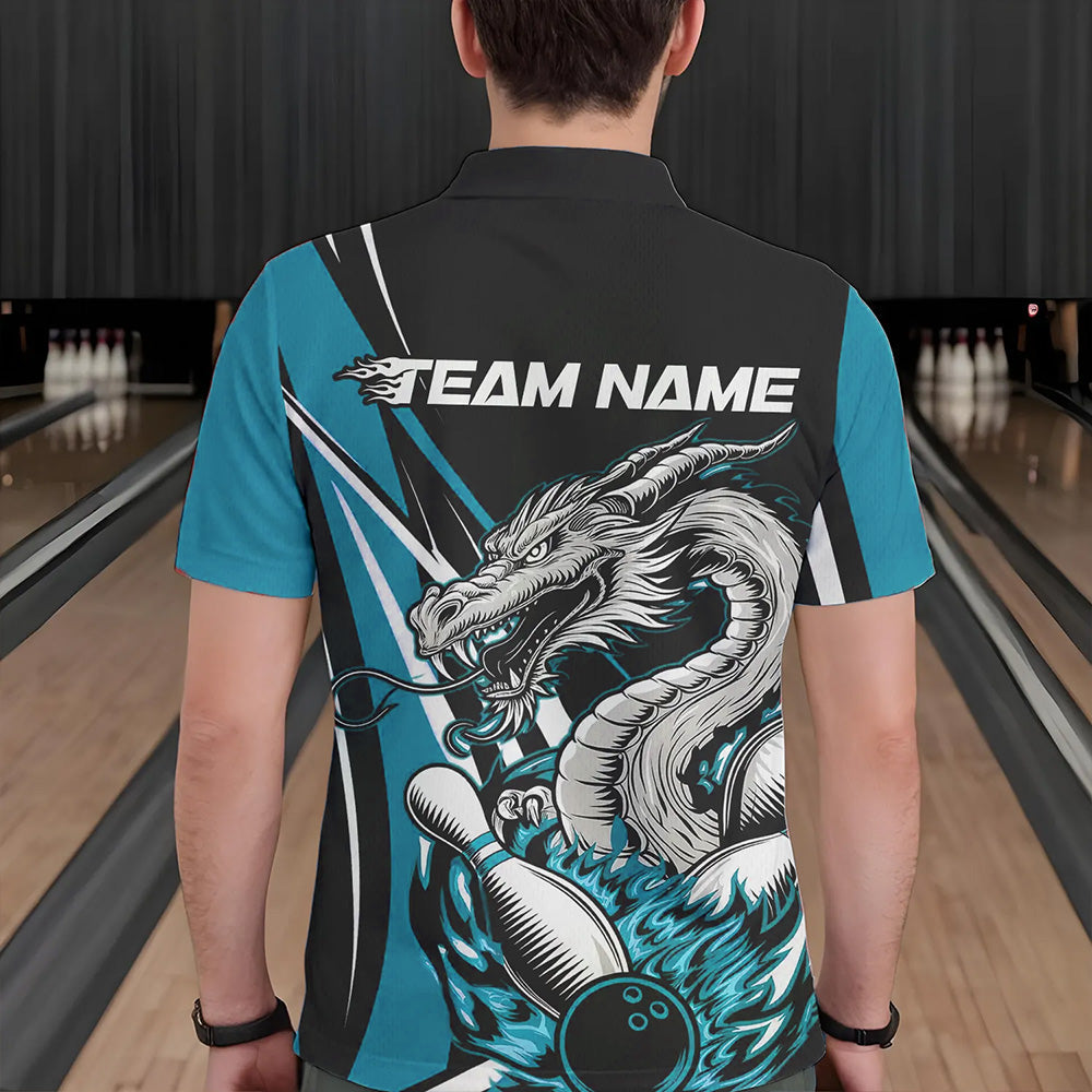 Custom Black And Blue Flame Dragon Bowling Jerseys, Dragon Men Bowling Team Polo Shirts IPHW8712