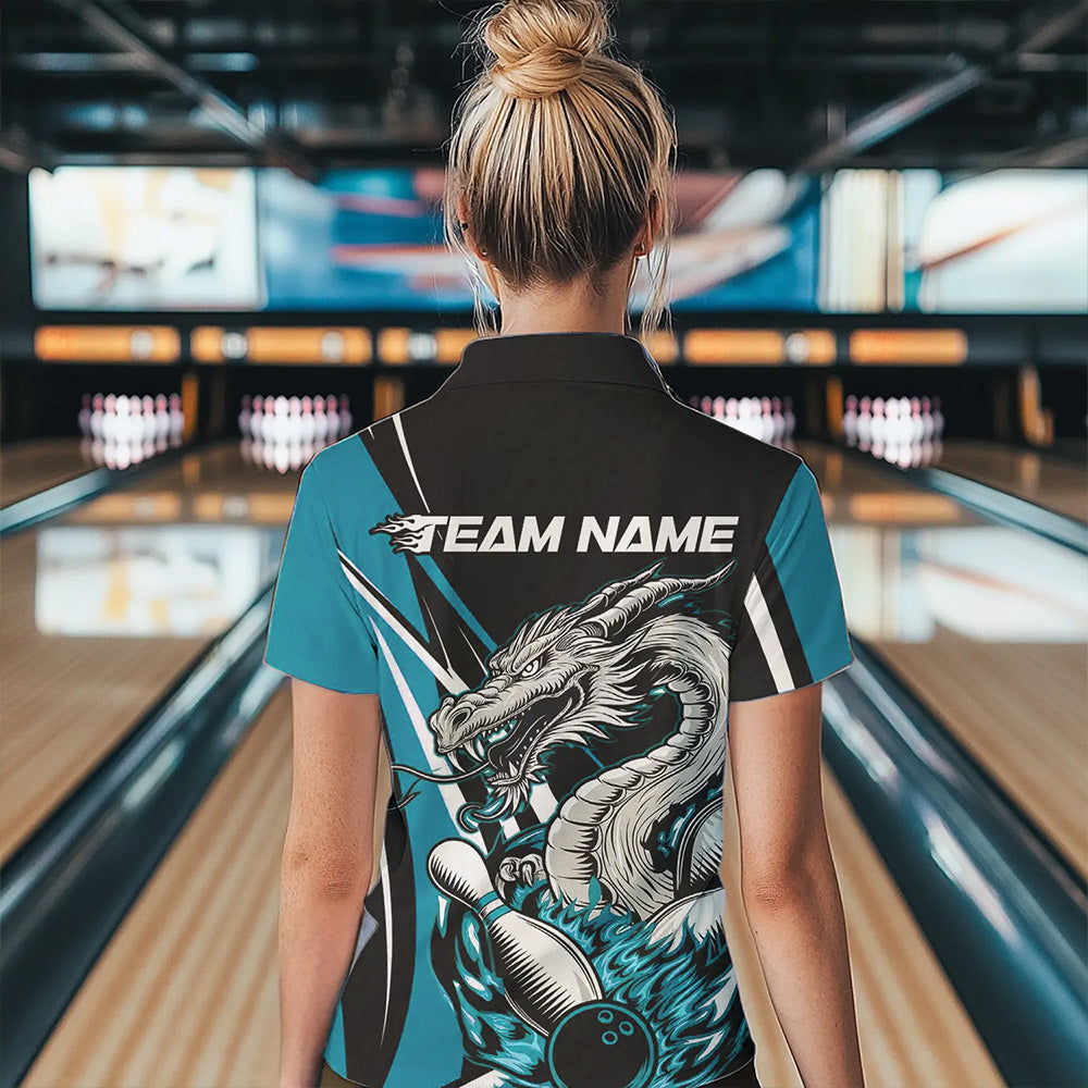 Custom Black And Blue Flame Dragon Bowling Jerseys, Dragon Women Bowling Team Polo Shirts IPHW8712