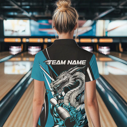 Custom Black And Blue Flame Dragon Bowling Jerseys, Dragon Women Bowling Team Polo Shirts IPHW8712