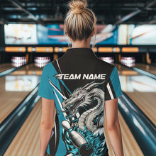 Load image into Gallery viewer, Custom Black And Blue Flame Dragon Bowling Jerseys, Dragon Women Bowling Team Polo Shirts IPHW8712