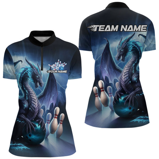 Custom Blue Thunder Lightning Dragon Bowling Women Quarter-Zip Shirts, Bowling Team Uniform IPHW8950