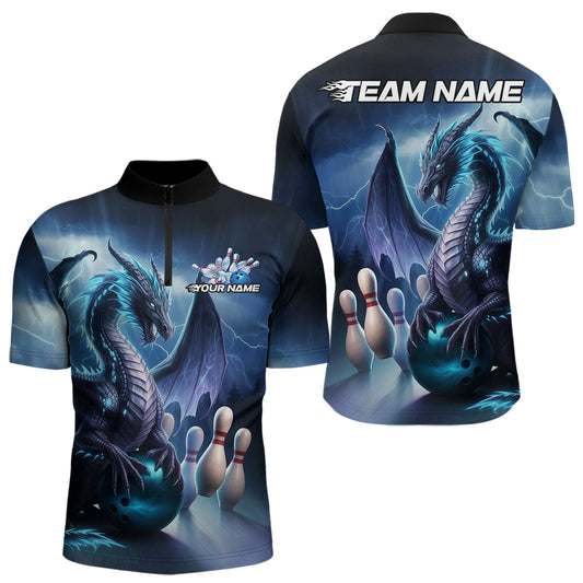 Custom Blue Thunder Lightning Dragon Bowling Quarter-Zip Shirts For Men, Bowling Team Uniform IPHW8950