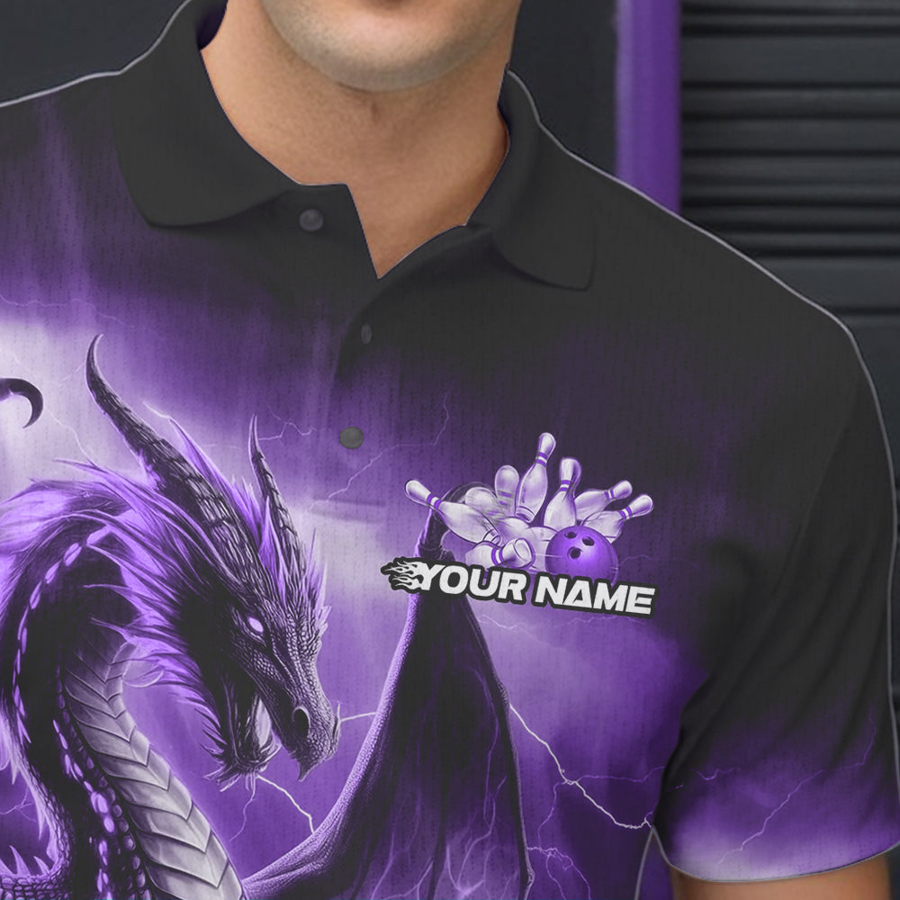 Custom Purple Thunder Lightning Dragon Bowling Polo Shirts For Men, Bowling Team Uniform IPHW8951