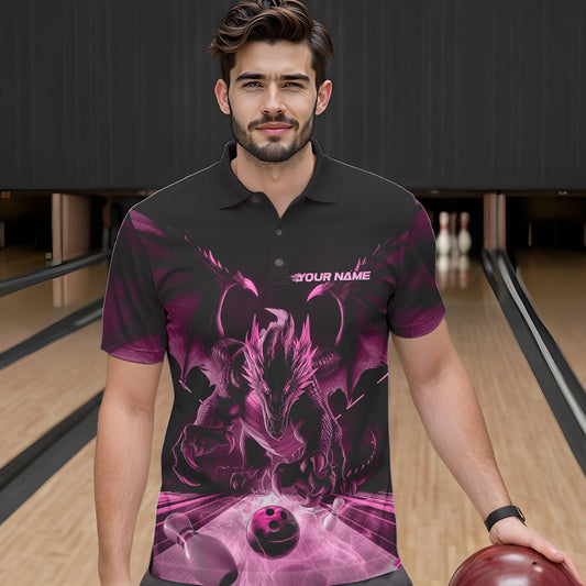 Custom Black And Pink Dragon Bowling Jerseys, Dragon Bowling Team Polo Shirts For Men IPHW8956