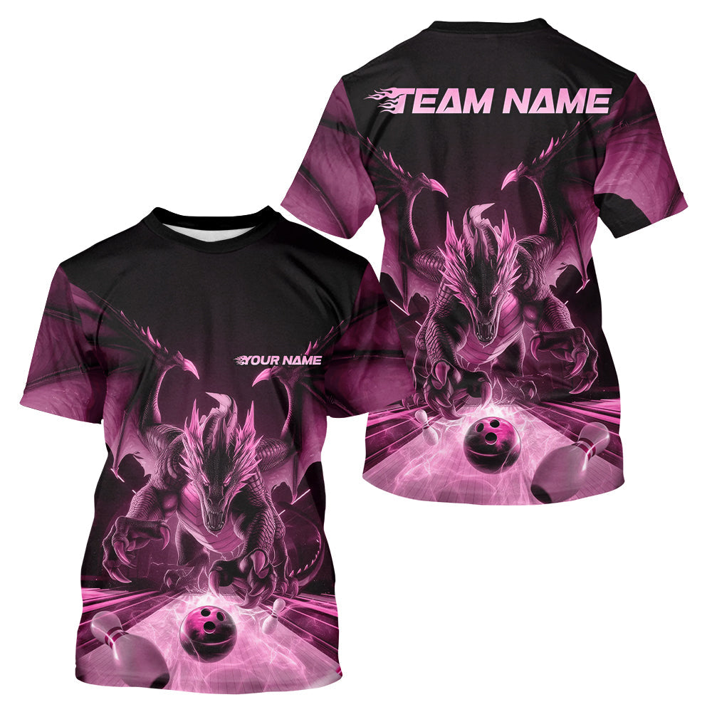 Custom Black And Pink Dragon Bowling Jerseys, Dragon Bowling Team T-Shirts For Men IPHW8956