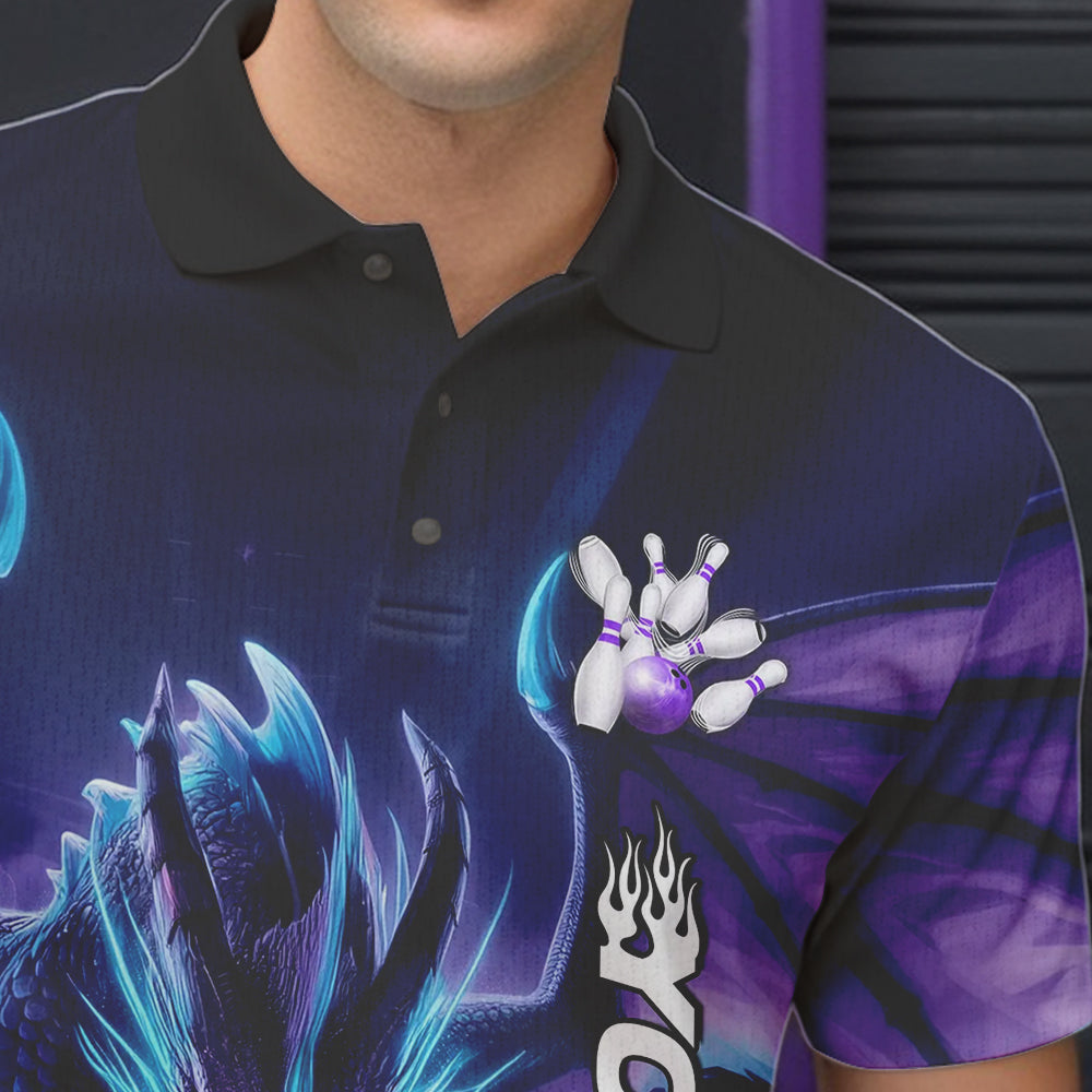 Custom Blue And Purple Dragon Bowling Polo Shirts For Men, Dragon Bowling League Shirt IPHW8958