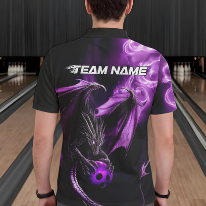 Custom Black And Purple Flame Dragon Bowling Polo Shirts For Men, Dragon Bowling Jerseys IPHW8963