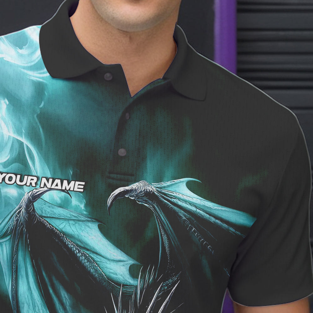 Custom Black And Blue Flame Dragon Bowling Polo Shirts For Men, Dragon Bowling Jerseys IPHW8964