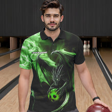 Load image into Gallery viewer, Custom Black And Green Flame Dragon Bowling Polo Shirts For Men, Dragon Bowling Jerseys IPHW8965