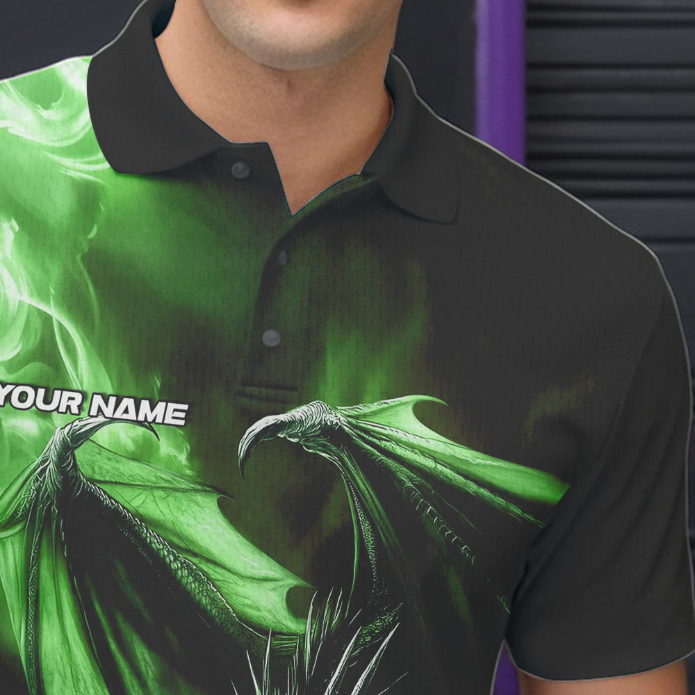 Custom Black And Green Flame Dragon Bowling Polo Shirts For Men, Dragon Bowling Jerseys IPHW8965