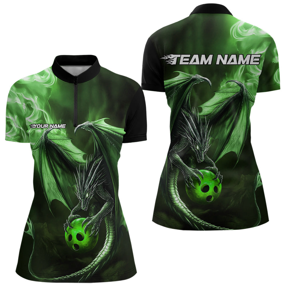 Custom Black And Green Flame Dragon Bowling Women Quarter-Zip Shirt, Dragon Bowler Jersey IPHW8965