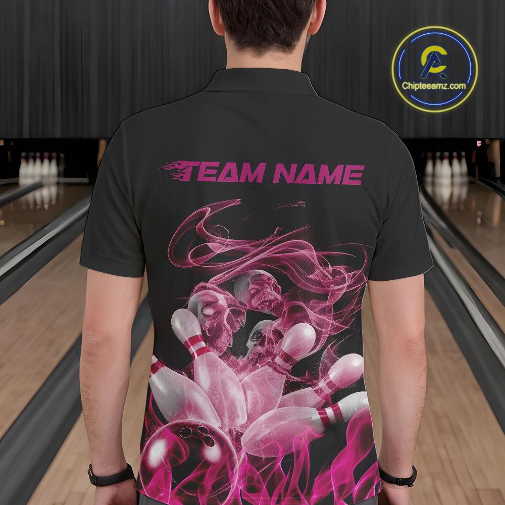 Custom Pink Skull Smoke Bowling Team Men Polo Shirts, Halloween Bowling Outfit IPHW9772