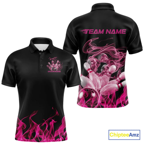 Custom Pink Skull Smoke Bowling Team Men Polo Shirts, Halloween Bowling Outfit IPHW9772
