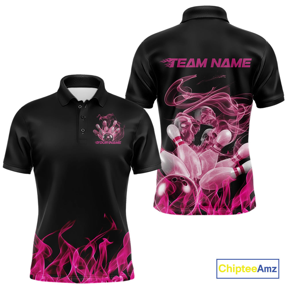 Custom Pink Skull Smoke Bowling Team Men Polo Shirts, Halloween Bowling Outfit IPHW9772