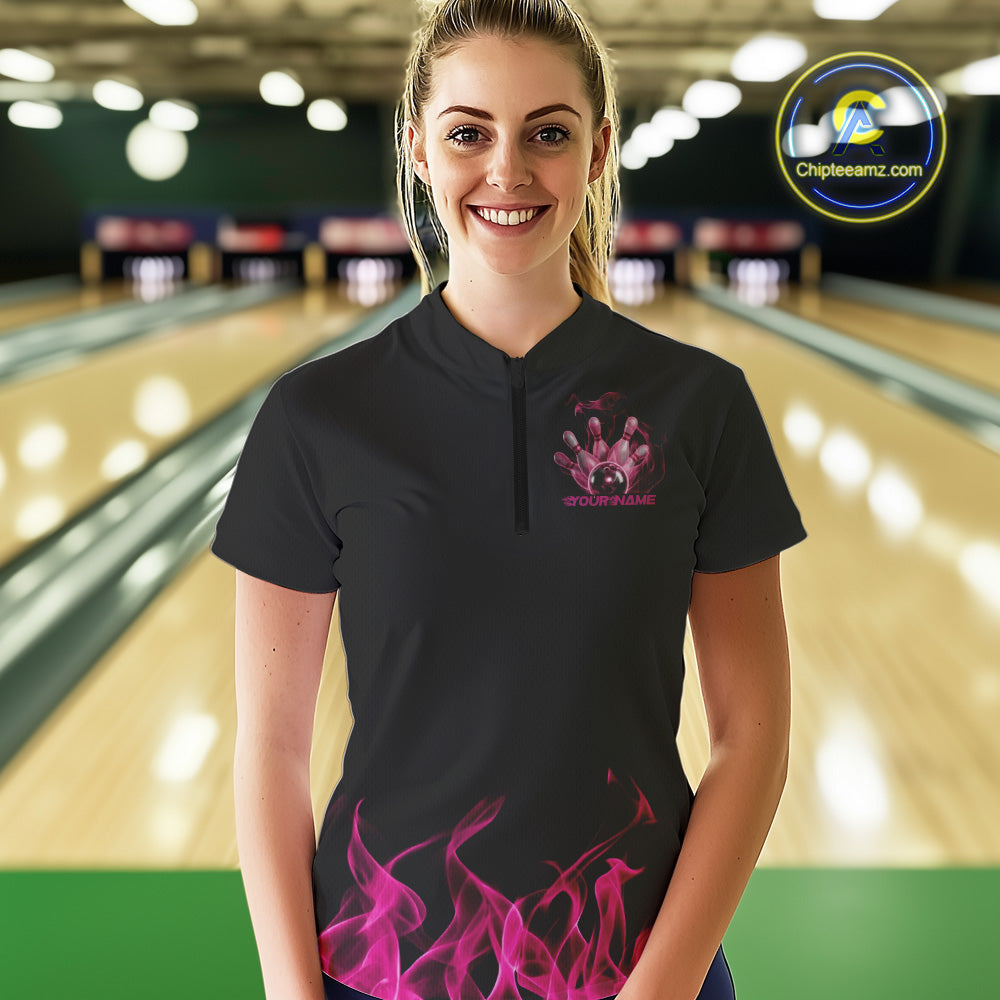 Custom Pink Skull Smoke Bowling Team Women Quarter-Zip Shirts, Halloween Bowling Outfit IPHW9772